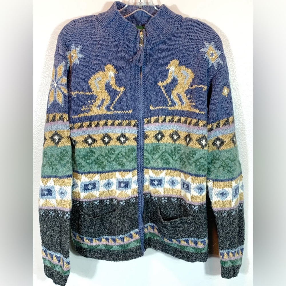 Vtg Bushwacker Zip Up Fair Isle Ski Cardigan Sweater Icelandic Nordic Sz M